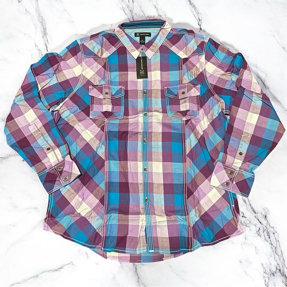INC International Concepts Men Casual Button Down Plaid XL Blue Purple White New